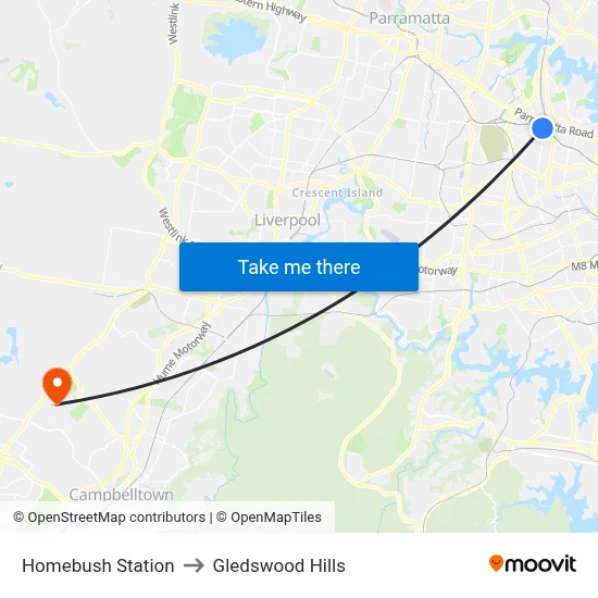 Homebush Station to Gledswood Hills map