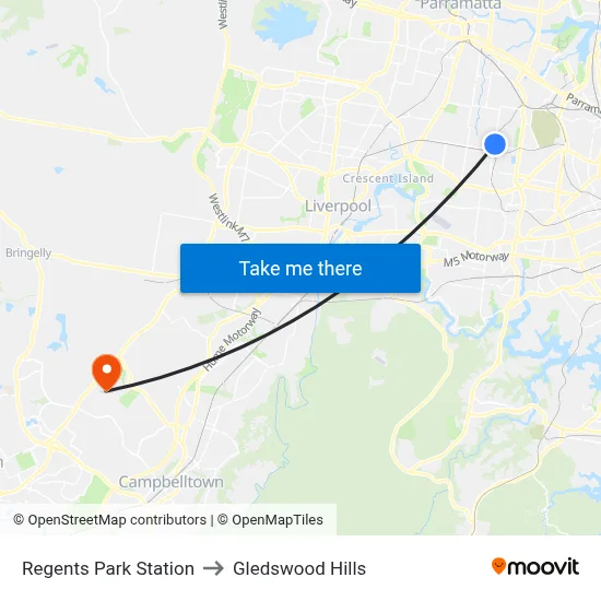 Regents Park Station to Gledswood Hills map