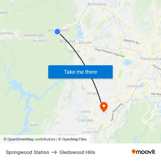 Springwood Station to Gledswood Hills map