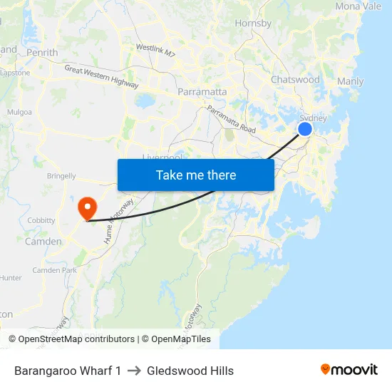 Barangaroo Wharf 1 to Gledswood Hills map