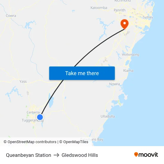 Queanbeyan Station to Gledswood Hills map