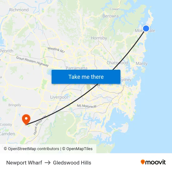 Newport Wharf to Gledswood Hills map
