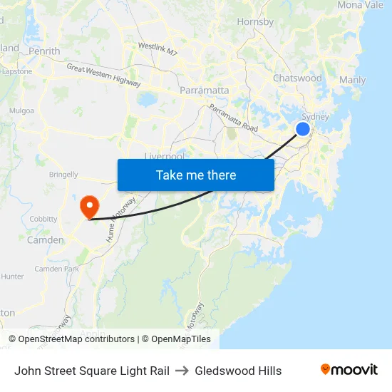 John Street Square Light Rail to Gledswood Hills map