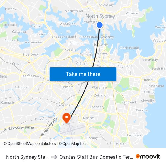 North Sydney Station to Qantas Staff Bus Domestic Terminal map