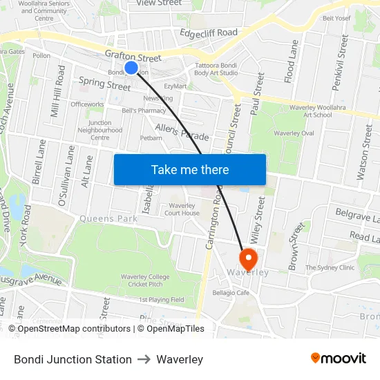 Bondi Junction Station to Waverley map
