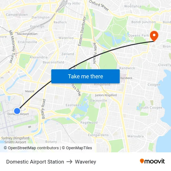 Domestic Airport Station to Waverley map