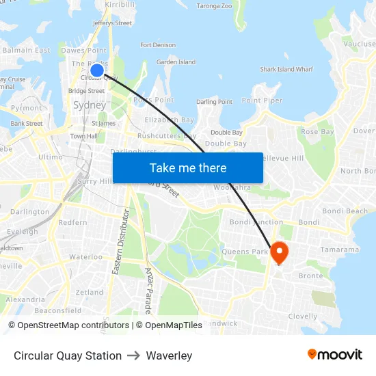 Circular Quay Station to Waverley map