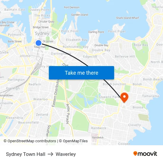 Sydney Town Hall to Waverley map