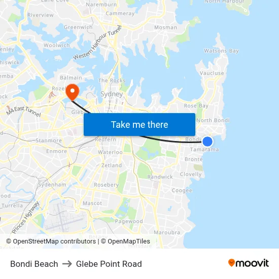 Bondi Beach to Glebe Point Road map