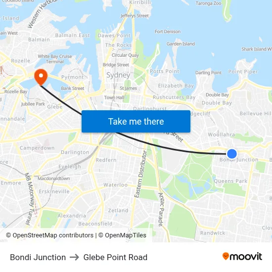 Bondi Junction to Glebe Point Road map