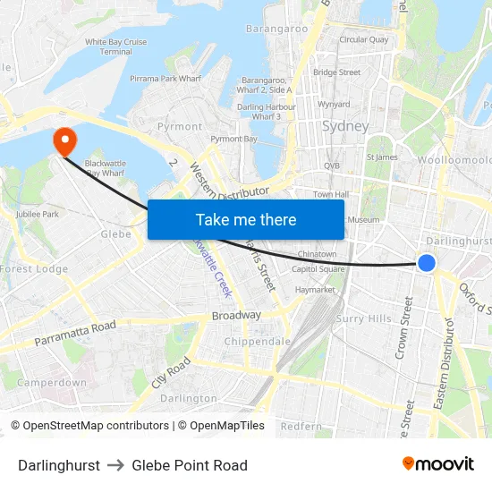 Darlinghurst to Glebe Point Road map