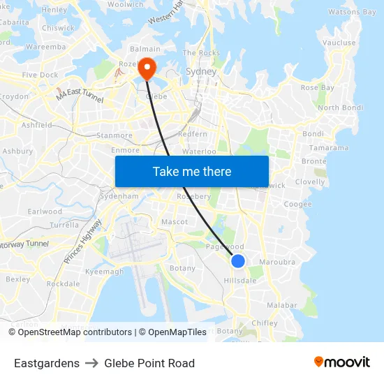 Eastgardens to Glebe Point Road map