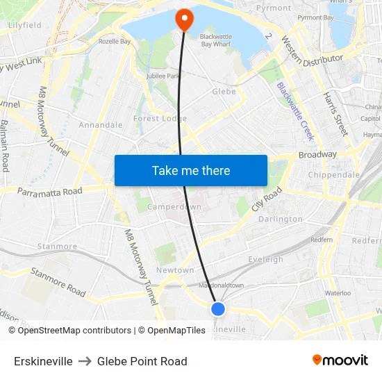 Erskineville to Glebe Point Road map