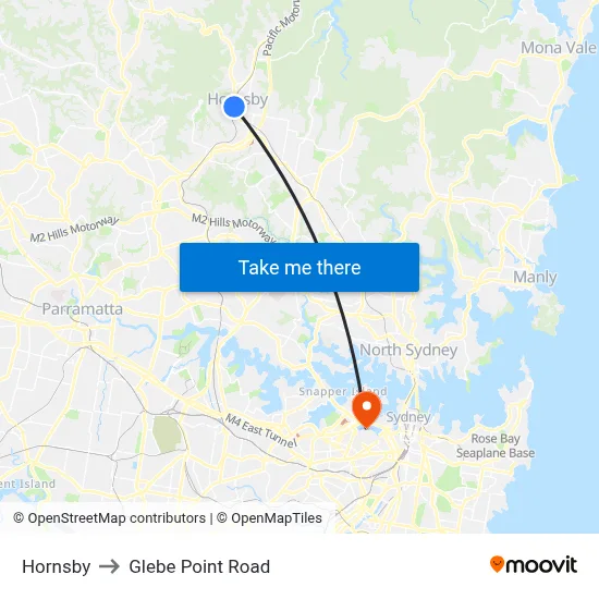Hornsby to Glebe Point Road map