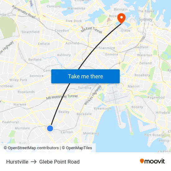 Hurstville to Glebe Point Road map