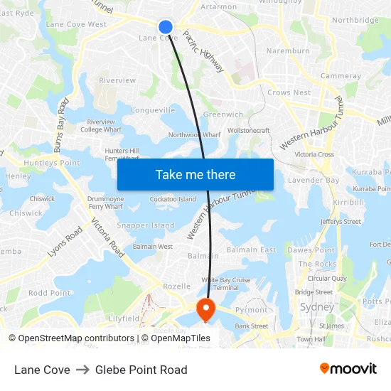Lane Cove to Glebe Point Road map