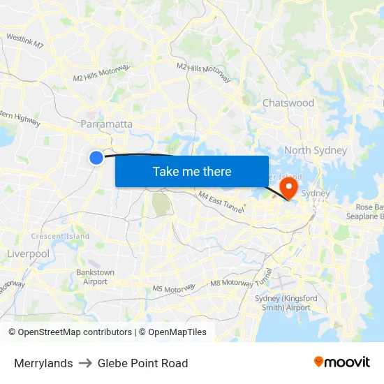 Merrylands to Glebe Point Road map
