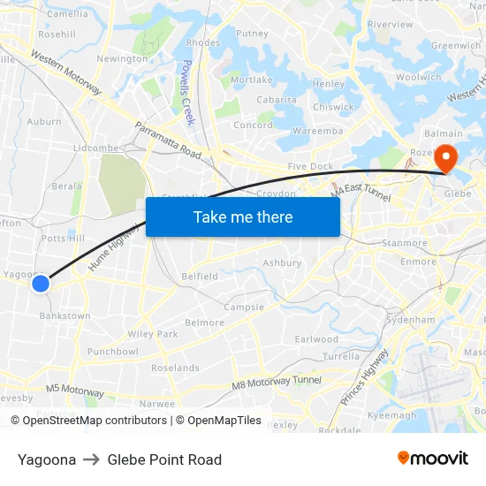 Yagoona to Glebe Point Road map