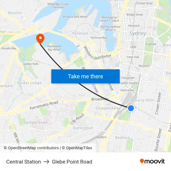Central Station to Glebe Point Road map
