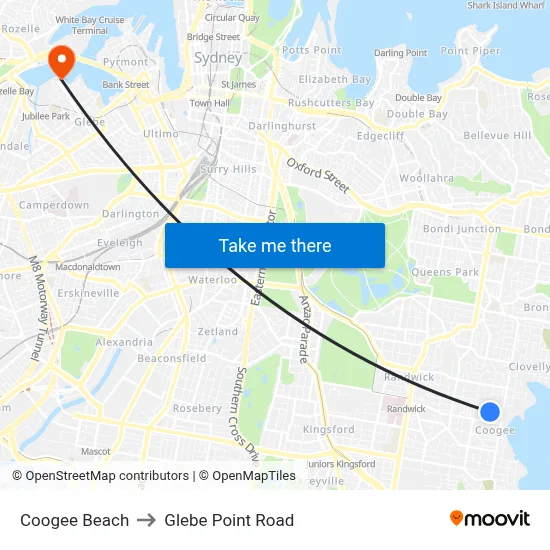 Coogee Beach to Glebe Point Road map