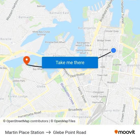 Martin Place Station to Glebe Point Road map