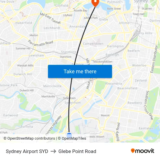 Sydney Airport SYD to Glebe Point Road map