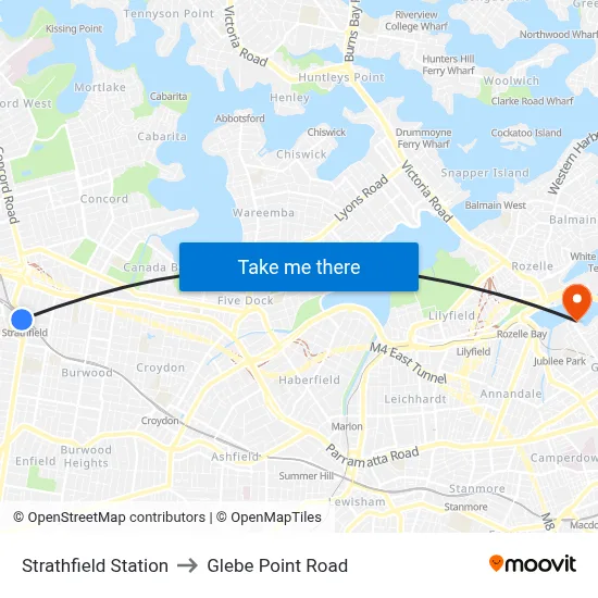 Strathfield Station to Glebe Point Road map