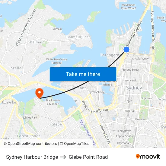 Sydney Harbour Bridge to Glebe Point Road map