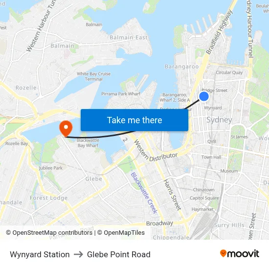Wynyard Station to Glebe Point Road map