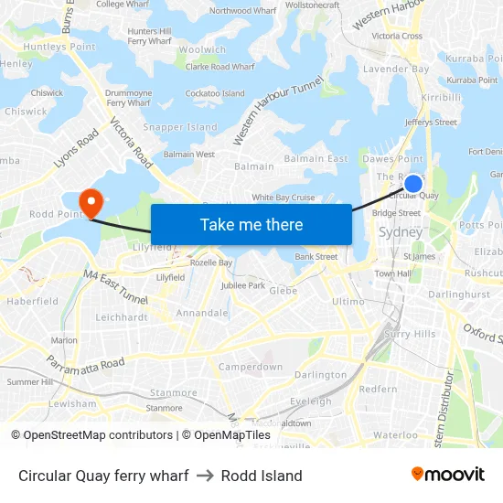 Circular Quay ferry wharf to Rodd Island map