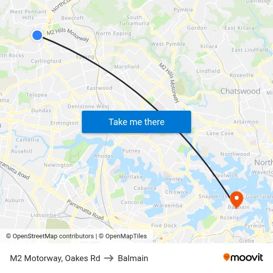 M2 Motorway, Oakes Rd to Balmain map