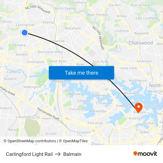 Carlingford Light Rail to Balmain map