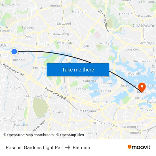 Rosehill Gardens Light Rail to Balmain map