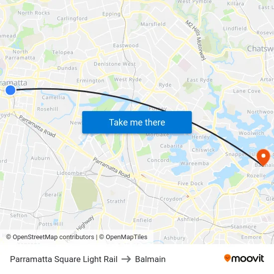 Parramatta Square Light Rail to Balmain map