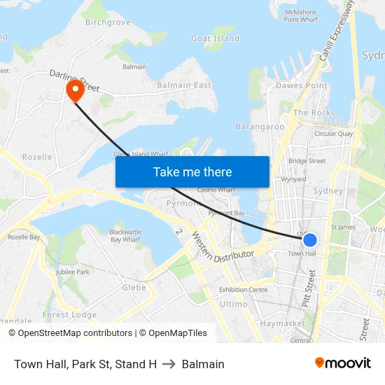 Town Hall, Park St, Stand H to Balmain map