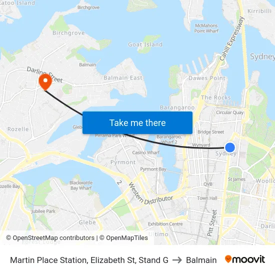 Martin Place Station, Elizabeth St, Stand G to Balmain map