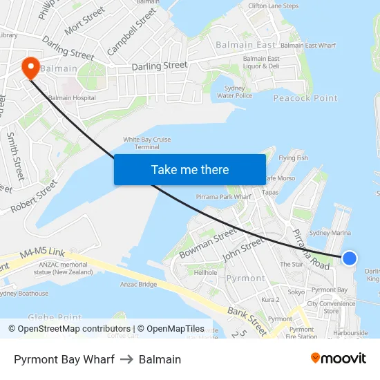 Pyrmont Bay Wharf to Balmain map