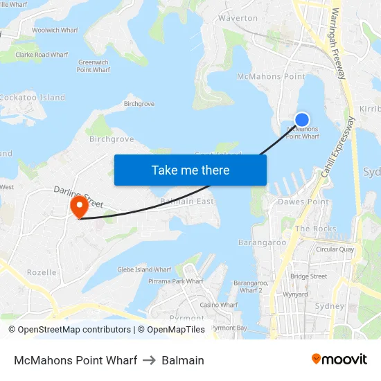 McMahons Point Wharf to Balmain map