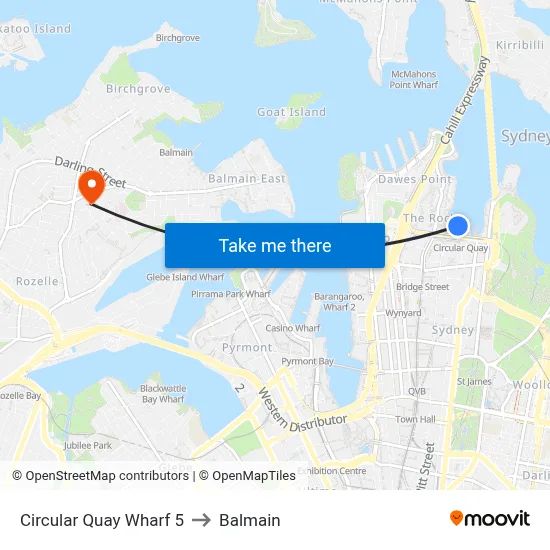 Circular Quay Wharf 5 to Balmain map