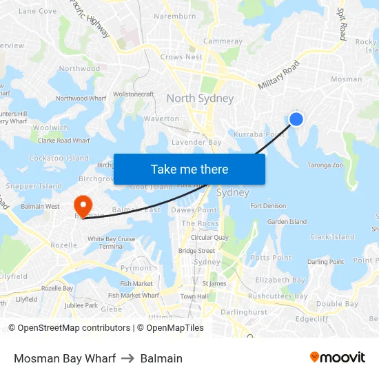 Mosman Bay Wharf to Balmain map