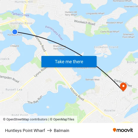Huntleys Point Wharf to Balmain map
