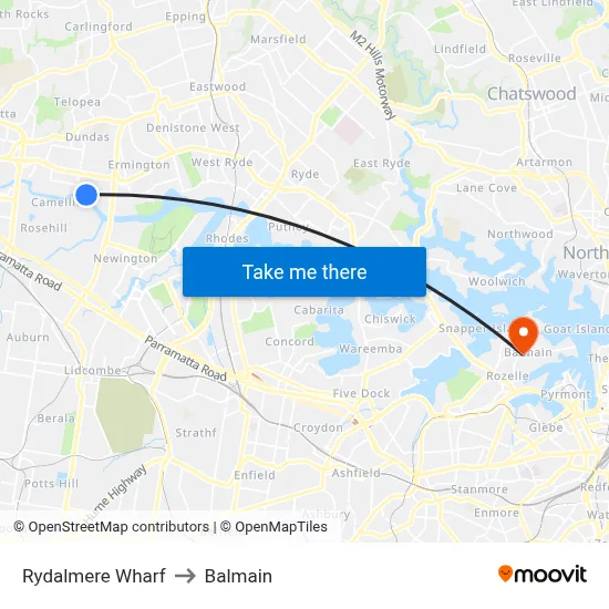 Rydalmere Wharf to Balmain map