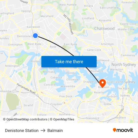 Denistone Station to Balmain map