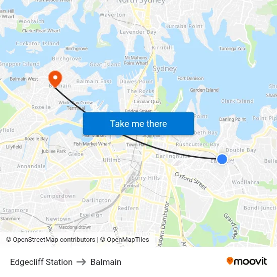 Edgecliff Station to Balmain map