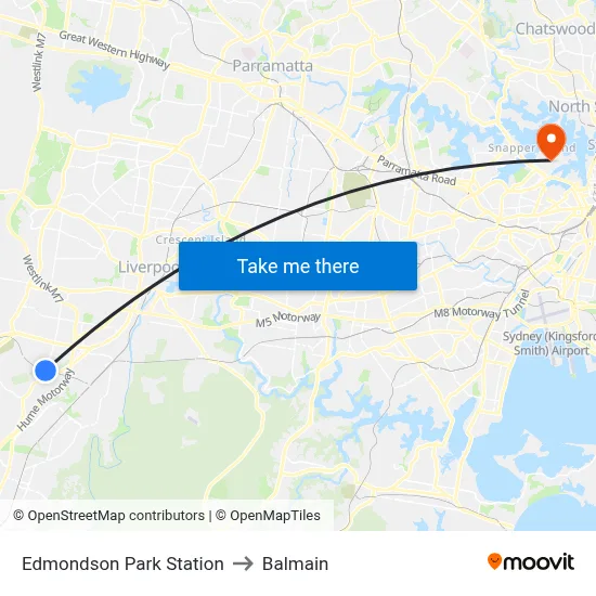 Edmondson Park Station to Balmain map