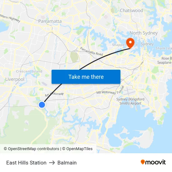 East Hills Station to Balmain map