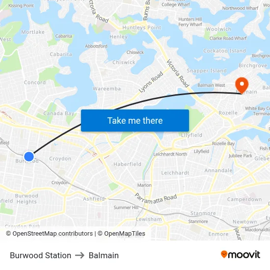 Burwood Station to Balmain map