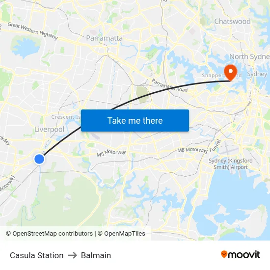 Casula Station to Balmain map