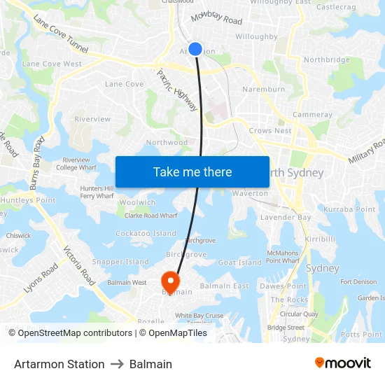 Artarmon Station to Balmain map