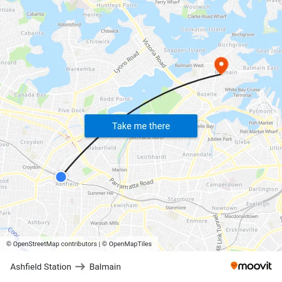 Ashfield Station to Balmain map